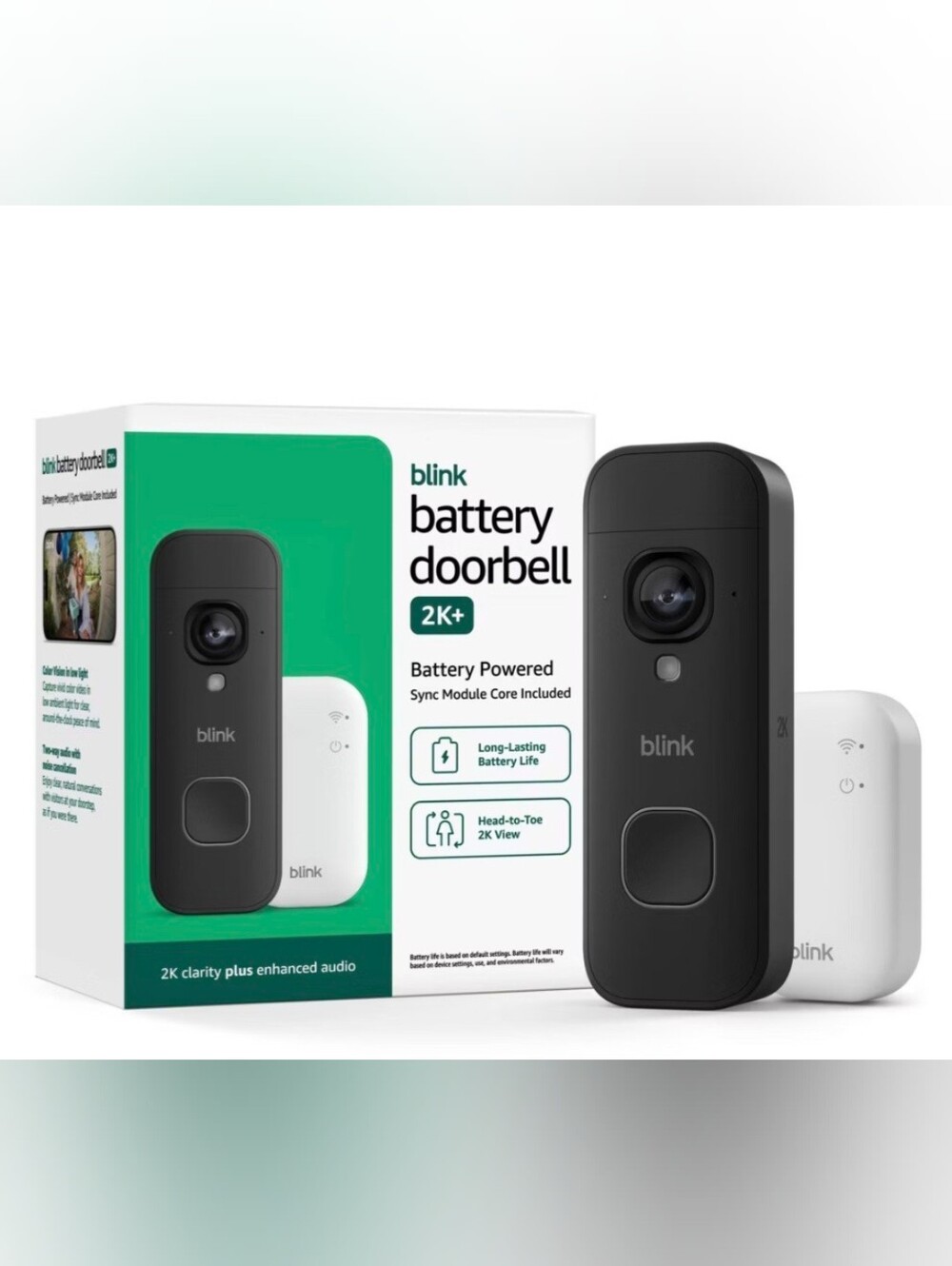 Link Blink Battery Doorbell 2K+ in Black and Green Packaging